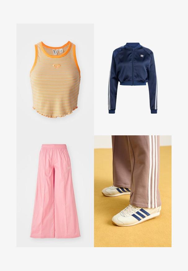 Marineblaues Satin-Bomberjacke mit weißen Dreistreifenakzenten, gerippten Bündchen und Saum, Frontreißverschluss und gesticktem Logo auf der linken Brust.; Gestreiftes Croptop in Orange und Hellblau, mit geripptem Stoff, rundem Ausschnitt und gewelltem Saum. Kleines diamantförmiges Logo auf der Vorderseite gestickt.; Rosa weit geschnittene Hosen aus einem leichten Stoff, mit einem elastischen Bund und dezenten weißen Seitenstreifen. Kleines Logo auf der Vorderseite.; Cremfarbene Sneaker mit blauen Wildlederstreifen, weißen Schnürsenkeln und einer Gummisohle. Kombiniert mit grauen Jogginghosen mit weißen Seitenstreifen.