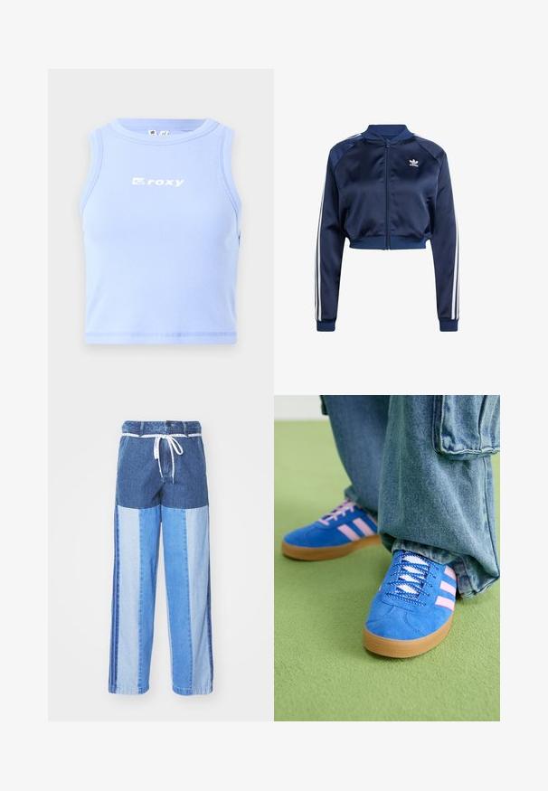 Marineblaues Satin-Bomberjacke mit weißen Dreistreifenakzenten, gerippten Bündchen und Saum, Frontreißverschluss und gesticktem Logo auf der linken Brust.; Hellblaues, geripptes Tanktop mit Rundhalsausschnitt und weißem "Roxy"-Logo auf der Brust; figurbetontes Design und kurze Länge.; Blaue Denim-Hosen mit einem Patchwork-Design in verschiedenen Blautönen, einem Kordelzugbund und lockeren, gerade geschnittenen Beinen.; Blaue Wildlederschuhe mit rosa Streifen und weißen Schnürsenkeln, ausgestattet mit einer Gummisohle, kombiniert mit lockeren Jeanshosen auf einer grünen Fläche.