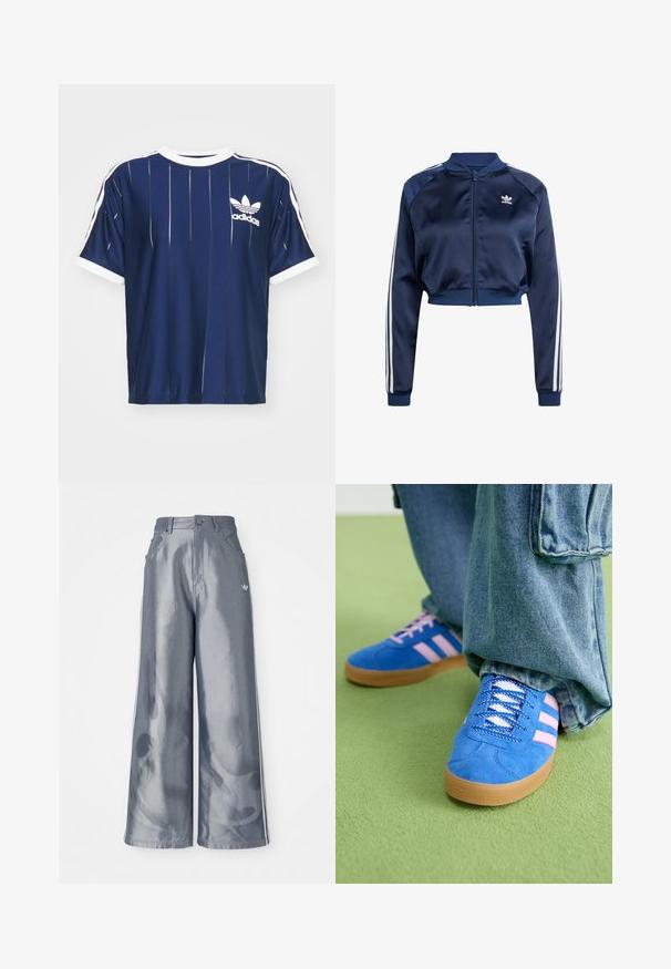 Námořnická saténová bombera s bílými trojpruhy, žebrovanými manžetami a lemem, předním zipem a vyšitým logem na levé hrudi.; adidas Originals ADICOLOR 3-STRIPES PINSTRIPE - Triko s potiskem - dark blue; Kalhoty s širokými nohavicemi z lesklého šedého materiálu, se bílými bočními pruhy a plamenným vzorem na spodní části nohavic. Zapínání na knoflík a zip v pase.; Modré semišové boty s růžovými pruhy a bílými tkaničkami, vybavené gumovou podrážkou, spárované s volnými džínovými kalhotami na zeleném povrchu.