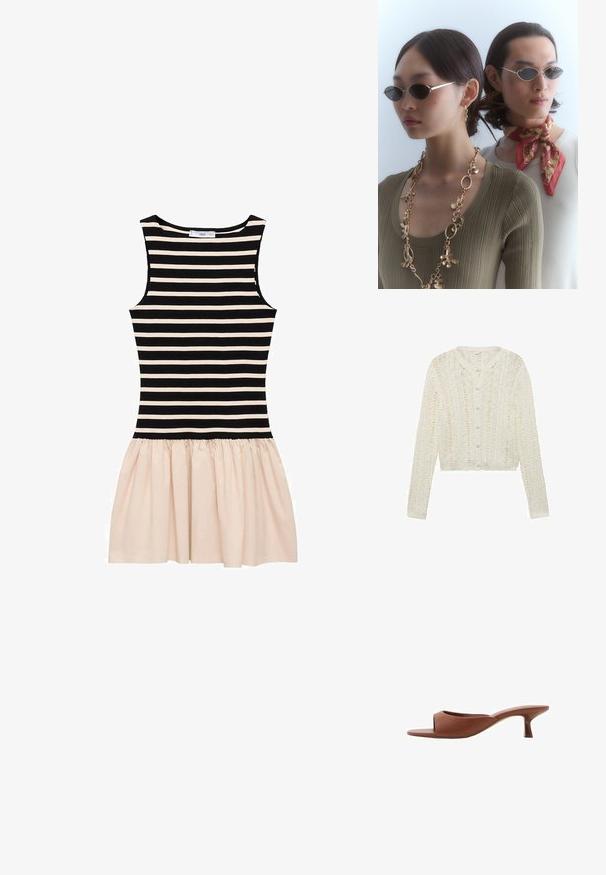 Weißer Strickcardigan mit langen Ärmeln, rundem Ausschnitt und Knopfverschluss, mit strukturiertem Muster und cropped Design.; Gestreift Kleid mit einem oberen Abschnitt in Schwarz und Creme und einem gerafften Rock in Creme. Hergestellt aus weichem Stoff mit einem runden Ausschnitt und ärmellosem Design.; Braune offene Absatzmules mit glatter, matter Oberfläche, die ein geschwungenes Design und einen transparenten, verjüngten Absatz aufweisen.; Runde Sonnenbrillen mit dunklen Gläsern und dünnen silbernen Rahmen. Eine Person trägt eine goldene Kette, während eine andere einen rot gemusterten Schal hat.; Geflochtene Strohtasche mit braunen Lederakzenten, zwei Griffen und einem abnehmbaren Gurt. Kurvenform mit einem stabilen Boden.
