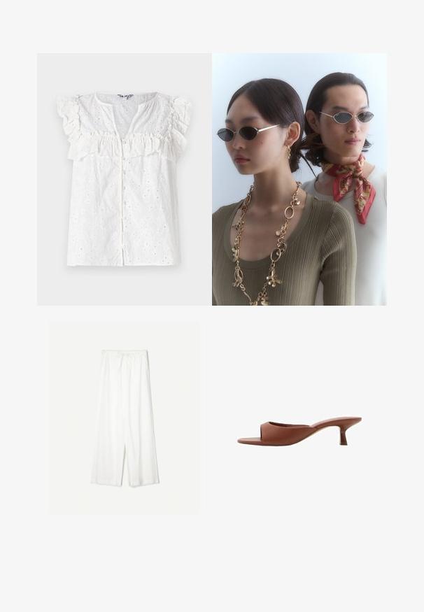 Biała dziergana kardigan z długimi rękawami, okrągłym dekoltem i zapięciem na guziki, z fakturowanym wzorem i skróconym fasonem.; Biała bluzka z falbaniastymi rękawami, guzikami z przodu oraz haftowanymi kwiatowymi wzorami z małymi wycięciami w całej tkaninie.; Białe spodnie szerokie w nogawkach z regulowanym paskiem w talii, pokazane na jednolitym tle, podkreślające ich luźny styl i fakturę materiału.; Brązowe klapki na obcasie z odsłoniętymi palcami, o gładkim, matowym wykończeniu, z zakrzywionym kształtem i przezroczystym, zwężającym się obcasem.; Okulary przeciwsłoneczne w okrągłym kształcie z ciemnymi szkłami i cienkimi srebrnymi oprawkami. Jedna osoba nosi złoty naszyjnik łańcuszkowy, podczas gdy inna ma na sobie czerwoną chustę w wzory.; Woven straw basket bag with brown leather accents, two handles, and a detachable strap. Curved shape with a sturdy base.