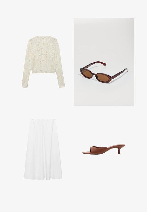Pulover alb tricotat, cu mâneci lungi, guler rotund și închidere cu nasturi, având un model texturat și un design scurt.; Tricou simplu, alb, din bumbac, cu decolteu rotund, mâneci scurte și croială lejeră. Textură fină, fără modele sau accente.; Fustă midi albă dintr-un material ușor, cu un pantalon elastic, textură netedă și o siluetă ușor evazată, cu o margine.; Mule-uri cu toc deschis, de culoare maro, cu un finisaj neted și mat, având un design curbat și un toc transparent, conic.; Ochelari de soare rotunzi, cu nuanțe de brown și cu un cadru lucios de burgund. Brațe subțiri cu detalii subtile de branding. Design cu lentile plate.; Geantă din paie împletită cu accente din piele maro, două mânere și curea detașabilă. Formă curbată cu o bază robustă.
