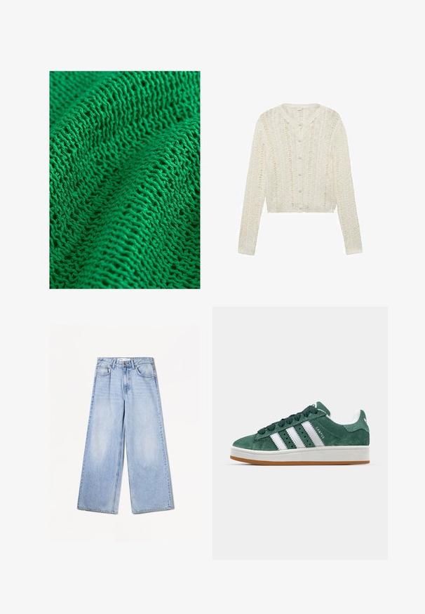 Biała dziergana kardigan z długimi rękawami, okrągłym dekoltem i zapięciem na guziki, z fakturowanym wzorem i skróconym fasonem.; Zielony, dziany tekstylia o teksturowanym wzorze, z luźnym i otwartym splotem, prezentujący delikatne przędzy i wiele widocznych ściegów.; Bershka WIDE jasnoniebieski denim; Zielone zamszowe trampki z białymi skórzanymi paskami, gumową podeszwą, wyściełanym kołnierzem i minimalistycznym wzornictwem. Posiadają branding z boku.