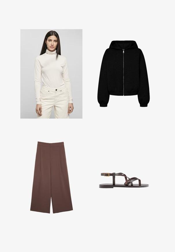 Crna zip-up dukserica s velikim kapuljačom, elastičnim manžetama i skraćenim dizajnom. Tkanina izgleda mekano s glatkom teksturom.; Bež turtleneck majica izrađena od glatkog materijala s dugim rukavima, u kombinaciji s svijetlim corduroy hlačama s džepovima i dugmadi za zatvaranje.; Smeđe hlače širokog kroja s glatkom teksturom, koje imaju visok struk i nabore sprijeda. Tkanina je lagana i slobodno se kreće.; Smeđe kožne sandale s iskrižanim trakama, umetkom za zapešće s kopčanjem i ravnim potplatom s minimalnim detaljima šivanja.