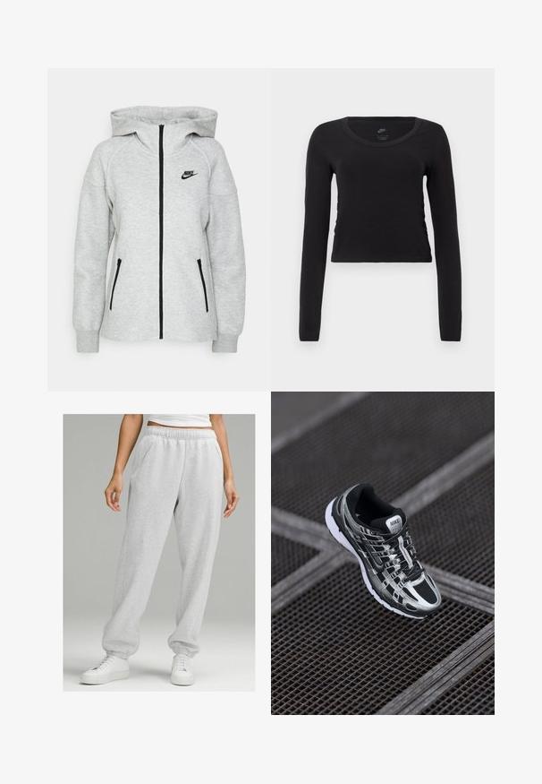 Nike hoodie in lichtgrijs, met een rits aan de voorkant, twee zijzakken met ritsen en een zwart logo op de linkerkant van de borst.; Langsleeve, cropped t-shirt van zwart katoen. Heeft een ronde halslijn en een lichte zijw gathering detail voor een getailleerde look.; Grijze sweatpants gemaakt van een katoenmix, met een elastische tailleband, zijzakken en taps toelopende boorden, gecombineerd met witte sneakers.; Nike hardloopschoen met een zwart en zilver kleurenschema, bovenwerk van mesh, tekstuurzool en vetersysteem voor een veilige pasvorm.