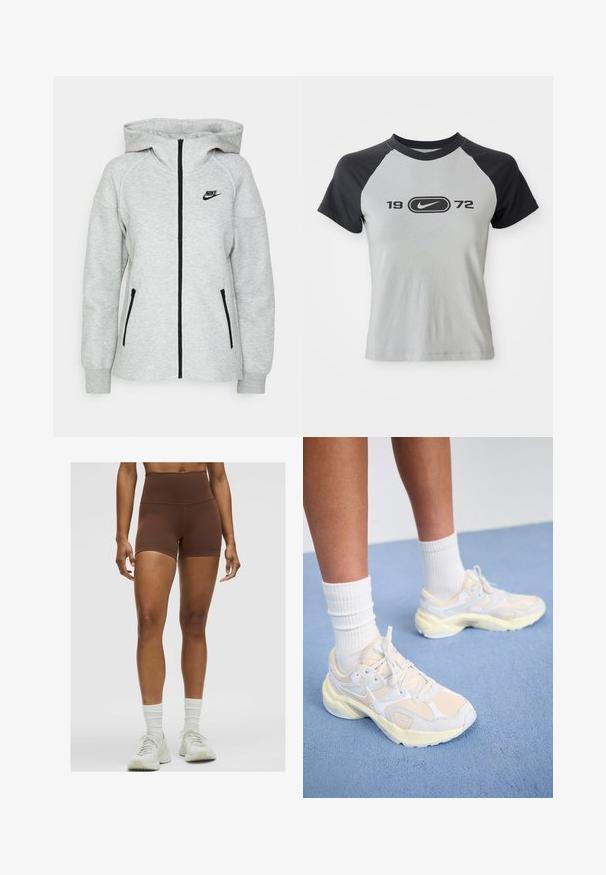 Sudadera con capucha de Nike en gris claro, que cuenta con una cremallera frontal, dos bolsillos laterales con cremalleras y un logo negro en el lado izquierdo del pecho.; Camiseta de manga corta en gris y negro, con un escote redondo, que presenta un logo central y el texto "1972" en negro en la parte delantera.; Pantalones cortos atléticos de talle alto en color marrón, hechos de un material suave y elástico. Cuentan con un ajuste ceñido y costuras mínimas para mayor comodidad.; Zapatos deportivos elegantes en amarillo pálido y blanco, con materiales de malla y sintéticos, una forma redondeada y suelas texturizadas.