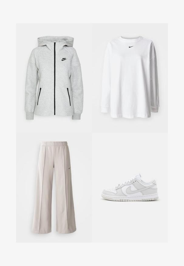 Nike hooded sweatshirt in light grey, featuring a front zipper, two side pockets with zippers, and a black logo on the left chest.; White long-sleeve t-shirt made of cotton, featuring a round neckline and a small black Nike logo on the chest. Simple design, relaxed fit.; Light gray wide-leg pants made of smooth fabric. Features an elastic waistband and black Nike logo on the left side.; White leather sneakers with grey accents, perforated toe, flat laces, cushioned collar, and a textured rubber sole.