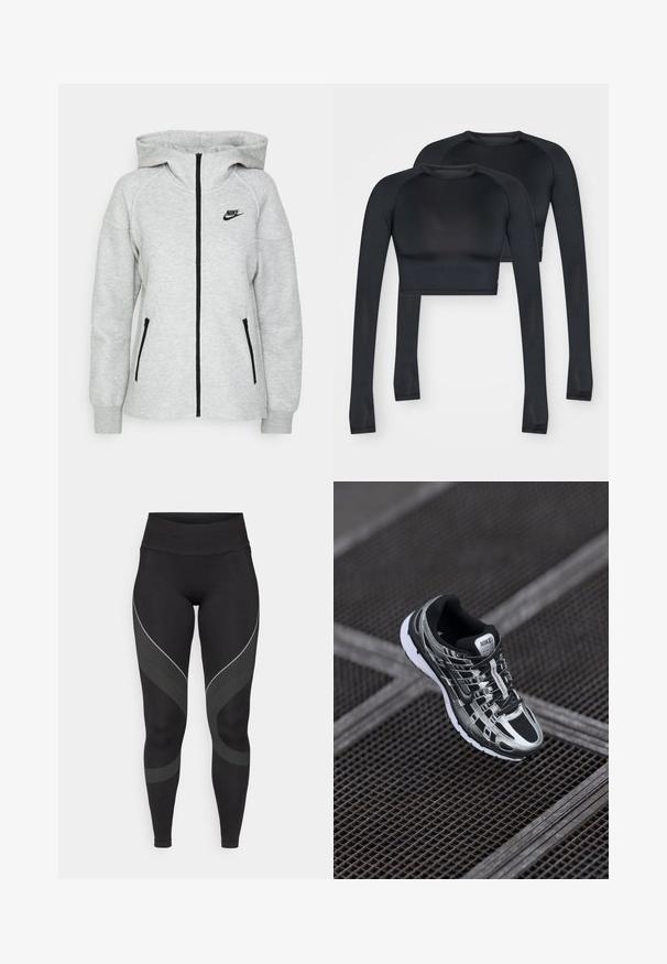 Nike hettegenser i lys grå, med frontglidelås, to sidelommer med glidelås og en svart logo på venstre bryst.; Svarte korte langermede topper laget av glatt, stretchstoff. Har rund hals og kontrasterende sømmer for ekstra detaljer.; Sorte leggings med høy midje, med en bølgete grå og prikket mønster langs sidene. Laget av elastisk stoff for komfort.; Nike løpesko med svart og sølv fargepalett, mesh-overdel, teksturert såle og snøring for en sikker passform.