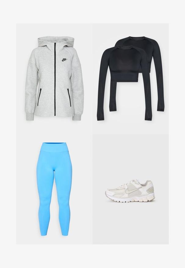 Hanorac cu glugă Nike de culoare gri deschis, dotat cu un fermoar frontal, două buzunare laterale cu fermoar și un logo negru pe pieptul stâng.; Topuri negre crop cu mânecă lungă, confecționate dintr-un material neted și elastic. Prezintă un decolteu rotund și cusături contrastante pentru un plus de detaliu.; Tights albastre realizate dintr-un material elastic, cu talie înaltă. Textură netedă și design ajustat, care se extinde până la nivelul gleznelor.; Pantof sportiv alb fabricat din materiale din plasă și sintetice. Prezintă un design texturat, guler căptușit și accente geometrice pe toc.