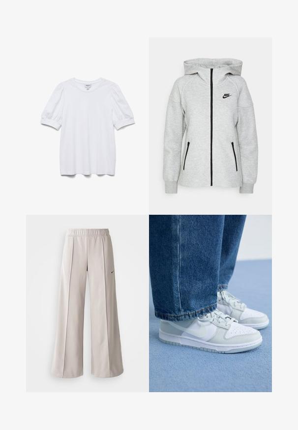 Nike kapucnis pulóver világosszürke színben, elülső cipzárral, két oldalsó zsebbel cipzárral, és fekete logóval a bal mellrészen.; Fehér, rövid ujjú felső kerek nyakkivágással és puffos ujjal. Simább anyagból készült, rajta egy "AWARE" feliratos címke.; Világosszürke, bő szabású nadrág sima anyagból. Gumírozott derékrésszel és fekete Nike logóval a bal oldalon.; Fehér és világosszürke bőrből készült Nike sportcipő lyukacsos orral, lapos fűzőkkel és gumitalppal, kék farmernadrággal párosítva.