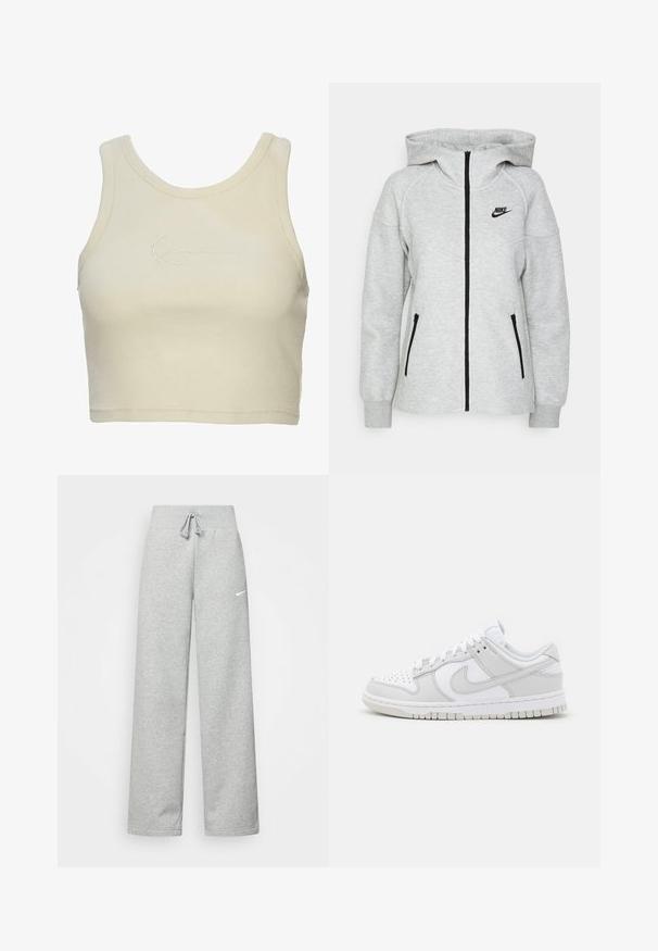 Nike hættetrøje i lysegrå, med frontlynlås, to sidelommer med lynlås og et sort logo på venstre bryst.; Korte tanktop i blød creamfarvet stof, med ribbet tekstur og et diskret broderet logo på forsiden. Minimalistisk design.; Grå sweatpants med elastisk talje, snor detaljer og et lille hvidt Nike-logo på venstre lår. Blødt stof, løs pasform.; Hvide lædersneakers med grå detaljer, perforeret tå, flade snørebånd, polstret krave og en struktureret gummisål.