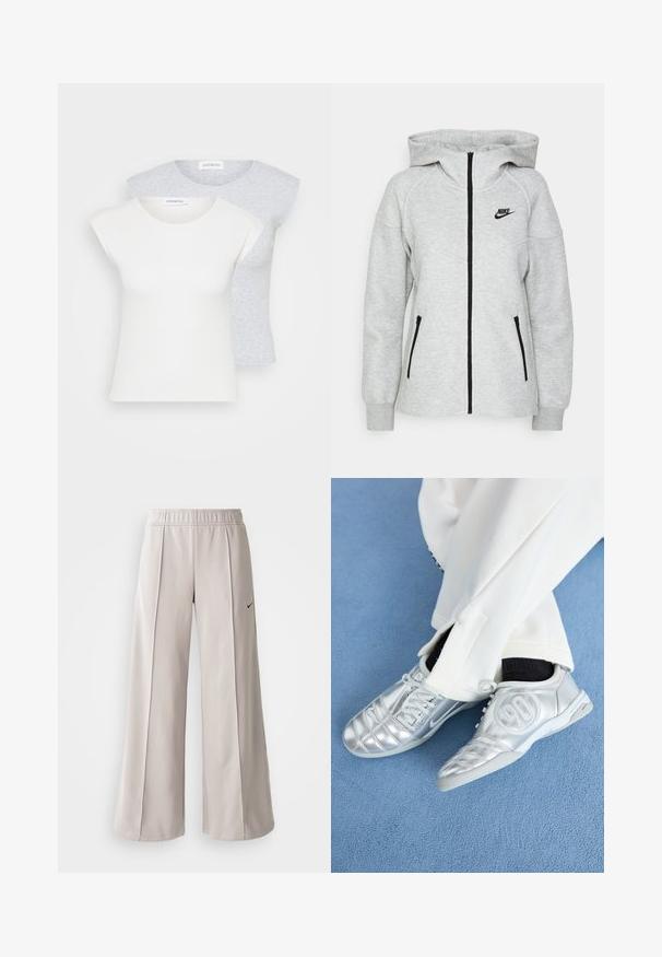 Švarkas su kapuce Nike šviesiai pilkos spalvos, su priekiniais užtrauktukais, dviem šoninėms kišenėms su užtrauktukais ir juodu logotipu ant kairės krūtinės.; Du šviesiai pilki ir balti marškinėliai, pritaikyti prie kūno. Abu turi trumpas rankoves, apvalią iškirptę ir raukšlėtą tekstūrą. Pagaminti iš minkštos medžiagos.; Šviesiai pilki plačių kojų kelnės, pagamintos iš lygaus audinio. Turi elastingą juosmenį ir juodą Nike logotipą kairėje pusėje.; Sidabriniai sportiniai batai su lygiu, blizgiu paviršiumi, turintys siuvinėtą dizainą ir numerį 90 šone, derinami su baltais kelnėmis.