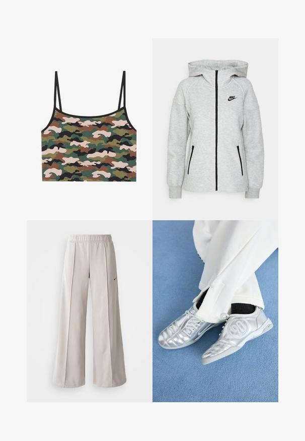 Nike dukserica s kapuljačom u svijetlosivoj boji, s prednjim zatvaračem, dva bočna džepa sa zatvaračem i crnim logom na lijevoj strani grudi.; Kratki top s maskirnim uzorcima u zelenoj, smeđoj i ružičastoj boji. Napravljen od mekog materijala s tankim podesivim naramenicama i crnim obrubom.; Svijetlosive hlače širokih nogavica od glatkog materijala. Imaju elastičnu traku u struku i crni Nike logo na lijevoj strani.; Srebrne atletske tenisice s glatkom, sjajnom površinom, koje imaju šivani dizajn i broj 90 sa strane, u kombinaciji s bijelim hlačama.
