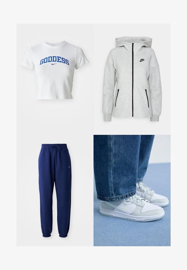 Nike kapuce džemperis gaiši pelēkā krāsā, ar priekšējo rāvējslēdzēju, divām sānu kabatām ar rāvējslēdzējiem un melnu logo kreisajā krūtī.; Balts īsais topiņš, izgatavots no mīksta auduma. Vidū ir zils "GODDESS" uzraksts un Nike logo. Īsas piedurknes un apaļa kakla izgriezums.; Navy zila sporta bikses, izgatavotas no mīksta auduma, ar elastīgu jostu ar auklu, elastīgiem piedurknēm un mazu balto logo.; Nike sporta apavi balta un gaiši pelēka āda ar perforētu degunu, plakaniem kurpju šņorēm un gumijas zoli, saskaņoti ar zilu džinsu biksēm.