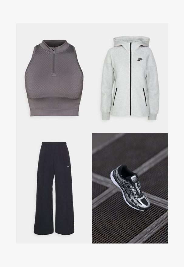 Nike hoodie in lichtgrijs, met een rits aan de voorkant, twee zijzakken met ritsen en een zwart logo op de linkerkant van de borst.; Grijze sportieve crop top met een ritskraag, textuurpatroon, een aansluitend ontwerp en een gladde afwerking aan de zoom en armopeningen.; Zwarte wijde broek met een elastische tailleband en een klein wit Nike-logo. De stof heeft een soepele textuur, ontworpen voor comfort en casual gebruik.; Nike hardloopschoen met een zwart en zilver kleurenschema, bovenwerk van mesh, tekstuurzool en vetersysteem voor een veilige pasvorm.