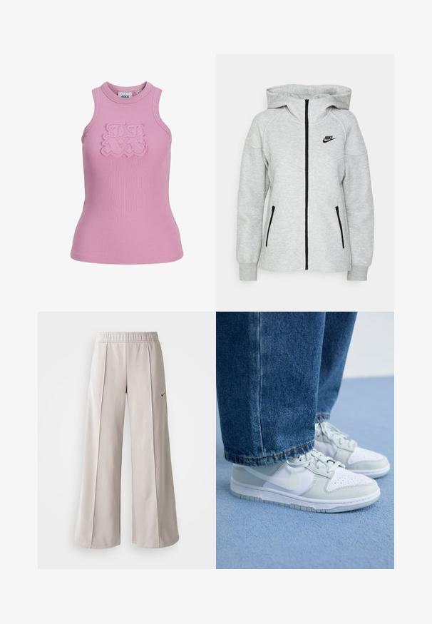 Nike hooded sweatshirt in light grey, featuring a front zipper, two side pockets with zippers, and a black logo on the left chest.; Ribbed sleeveless top in light pink with a round neckline. Features a textured logo detailing at front. Fabric: soft and stretchy.; Light gray wide-leg pants made of smooth fabric. Features an elastic waistband and black Nike logo on the left side.; Nike sneakers in white and light gray leather with perforated toe, flat laces, and a rubber sole, paired with blue denim jeans.