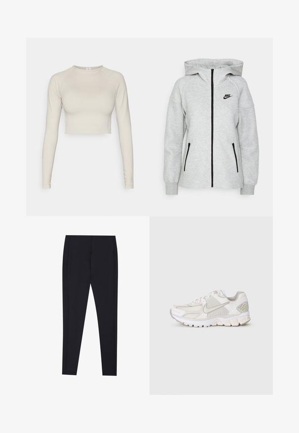 Nike hoodie in lichtgrijs, met een rits aan de voorkant, twee zijzakken met ritsen en een zwart logo op de linkerkant van de borst.; Lichtbeige, langetermijn cropped top met lange mouwen, gemaakt van rekbaar materiaal. Beschikt over een ronde halslijn en ribgebreide mouwmanchetten. Glad oppervlak.; Zwarte leggings met een aansluitend ontwerp, gladde textuur en zonder zichtbare patronen. Bevat zijnaad en een frisse, minimalistische silhouet.; Witte sportieve schoen van mesh en synthetische materialen. Kenmerkt zich door een gestructureerd ontwerp, een gewatteerde kraag en geometrische accenten op de hiel.