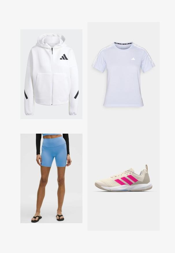 Bílá mikina na zip s černými akcenty, velké přední kapsy, měkká texturovaná tkanina a uvolněný střih. Obsahuje kapuci a logo značky na hrudi.; Světle modré sportovní tričko s krátkým rukávem, s kulatým výstřihem, síťovinovou texturou a třemi bílými pruhy na ramenech s malým logem.; Světlé modré sportovní šortky vyrobené z hladkého, elastického materiálu. Vyznačují se vysokým pasem a přiléhavým střihem, doplněné černými žabkami.; Béžová sportovní obuv s růžovým logem tří pruhů, texturovaným síťovaným svrškem, polstrovaným límcem a bílou gumovou podešví, s označením "LIGHTSTRIKE".