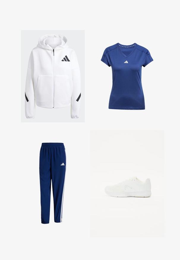 Biała bluza z kapturem na zamek błyskawiczny z czarnymi akcentami, dużymi przednimi kieszeniami, miękkim teksturowanym materiałem i luźnym krojem. Posiada kaptur oraz logo marki na klatce piersiowej.; Granatowa koszulka sportowa z dekoltem w serek, krótkimi rękawami i białym logo na piersi. Posiada trójkątne akcenty przy kołnierzu.; Granatowe spodnie sportowe z elastycznym pasem, białymi paskami bocznymi i białym logo. Wykonane z lekkiego materiału o gładkiej teksturze.; Biała sportowa obuwie z siateczkową cholewką, sznurowanym zapięciem, okrągłym noskiem oraz teksturowaną gumową podeszwą z minimalnym logo.