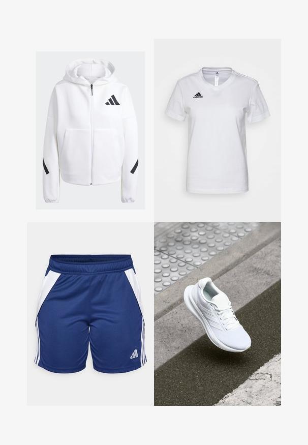 Balts zip-up džemperis ar melniem akcentiem, lieli priekšējie kabatas, mīksts teksturēts audums un brīvs griezums. Iekļauj kapuci un zīmola logo uz krūšu daļas.; Balta kokvilnas T-kreklā ar V veida kakla izgriezumu, īsām piedurknēm un melnu Adidas logo kreisajā krūtīs. Gluda tekstūra, klasiskā piegriezne.; Tumši zili sporta šorti ar baltām sānu daļām, izgatavoti no gludas auduma, ar elastīgu jostasvietu un Adidas logotipu apakšmalā.; Balta sporta apava, kas izgatavota no acu materiāla, ar sasaistes dizainu un teksturētu zoli. Redzamas smalkas zīmola detaļas un bezšuvju konstrukcija.