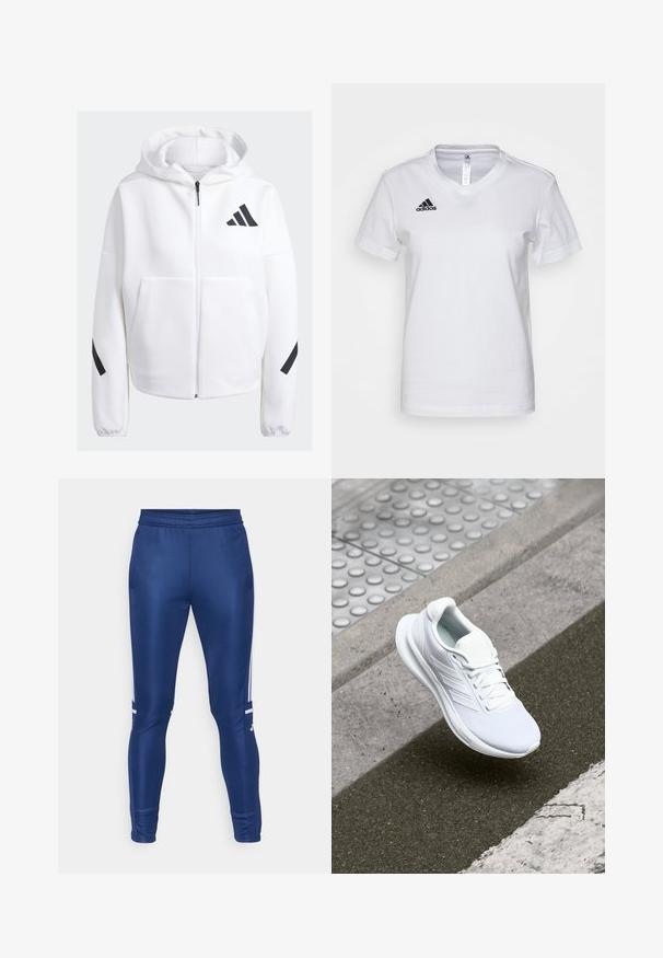 Sudadera blanca con cremallera y detalles en negro, grandes bolsillos frontales, tejido suave y texturizado, y un corte relajado. Presenta una capucha y el logotipo de la marca en el pecho.; Camiseta de algodón blanca con diseño de escote en V, mangas cortas y un logo negro de Adidas en el área del pecho izquierdo. Textura suave, ajuste clásico.; Pantalones deportivos de color marino con un ajuste ajustado, elaborados con una tela suave, que cuentan con franjas laterales blancas y una cinturilla elástica.; Zapatilla deportiva blanca con parte superior de malla, diseño de cordones y suela texturizada. Branding sutil y detalles de construcción sin costuras visibles.