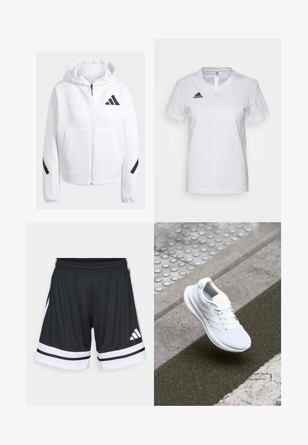 Sudadera blanca con cremallera y detalles en negro, grandes bolsillos frontales, tejido suave y texturizado, y un corte relajado. Presenta una capucha y el logotipo de la marca en el pecho.; Camiseta de algodón blanca con diseño de escote en V, mangas cortas y un logo negro de Adidas en el área del pecho izquierdo. Textura suave, ajuste clásico.; Pantalones cortos deportivos negros con rayas blancas y tres rayas horizontales en el dobladillo. Cintura elástica y logo de Adidas en blanco en el muslo izquierdo.; Zapatilla deportiva blanca con parte superior de malla, diseño de cordones y suela texturizada. Branding sutil y detalles de construcción sin costuras visibles.