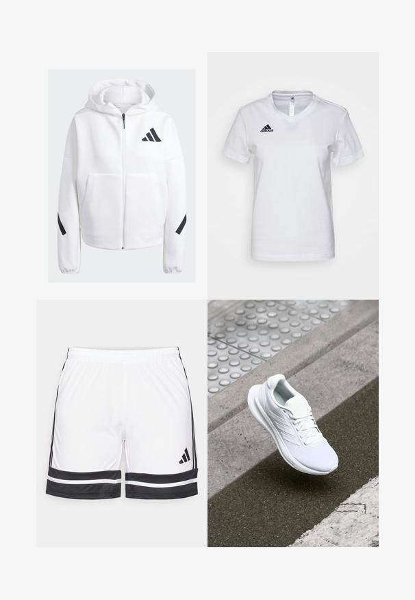Witte zip-up hoodie met zwarte accenten, grote voorkruiszakken, zachte textuur en een ontspannen pasvorm. Beschikt over een capuchon en een merklogo op de borst.; Witte katoenen t-shirt met een V-halsontwerp, korte mouwen en een zwart Adidas-logo op de linkerborst. Glad textuur, klassieke pasvorm.; Witte sportshorts met zwarte accenten, voorzien van een rekbare tailleband en contrasterende zwarte strepen langs de zoom en de zijkanten.; Witte sportschoen met een bovenwerk van mesh, vetersluiting en een textuurrijke zool. Subtiele branding en naadloze constructiedetails zichtbaar.