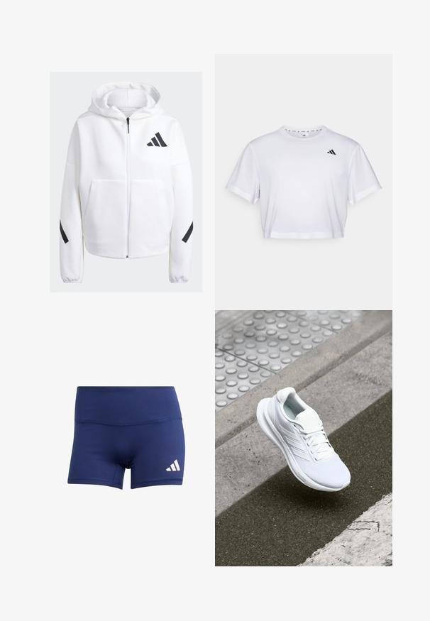 White zip-up hoodie with black accents, large front pockets, soft textured fabric, and a relaxed fit. Features a hood and brand logo on chest.; White cropped t-shirt made from soft fabric, featuring short sleeves and a round neckline. Black logo on the left chest.; Navy blue athletic shorts made of stretchy fabric, featuring a fitted design and white Adidas logo on the lower right side.; White athletic shoe featuring a mesh upper, lace-up design, and textured sole. Subtle branding and seamless construction details visible.