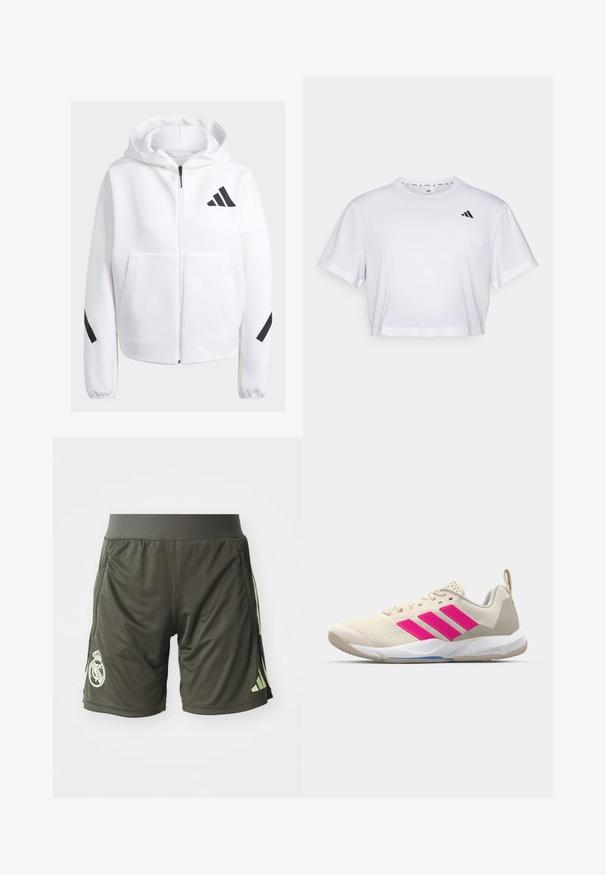 White zip-up hoodie with black accents, large front pockets, soft textured fabric, and a relaxed fit. Features a hood and brand logo on chest.; White cropped t-shirt made from soft fabric, featuring short sleeves and a round neckline. Black logo on the left chest.; Dark green athletic shorts with an elastic waistband, featuring side pockets and a light green logo on the lower left leg.; Beige athletic shoe with pink three-stripe logo, textured mesh upper, padded collar, and white rubber sole, featuring "LIGHTSTRIKE" branding.