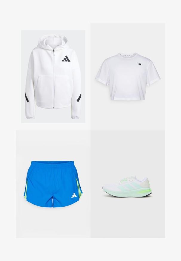 Fleece branca com fecho e preto, grandes bolsos frontais, tecido suave e texturizado, e um corte relaxado. Apresenta um capuz e o logótipo da marca no peito.; T-shirt branca corta feita de tecido suave, com mangas curtas e decote redondo. Logotipo preto no lado esquerdo do peito.; Calções atléticos azuis feitos de um material leve, com detalhes amarelos, uma cintura com cordão e um logótipo branco no canto inferior direito.; Tênis atlético branco com parte superior em mesh, detalhes em verde limão e sola preta. Apresenta um design de três riscas na lateral e colarinho acolchoado.