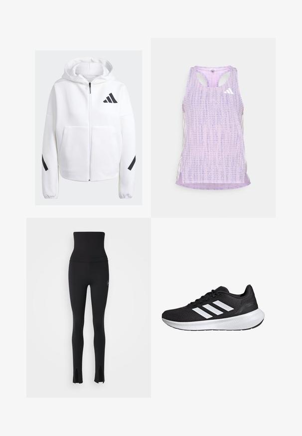 Haut de sweatshirt zippé blanc avec des accents noirs, grandes poches avant, tissu doux et texturé, et coupe décontractée. Comprend une capuche et un logo de la marque sur la poitrine.; Débardeur de sport violet avec un tissu texturé et à motifs. Présente des côtés découpés et un petit logo blanc à l'avant.; adidas by Stella McCartney Leggings - black; Chaussure de sport noire avec empeigne en maille et design à trois bandes blanches. Équipée d'une semelle rembourrée et d'une semelle extérieure en caoutchouc texturé pour une adhérence optimale.