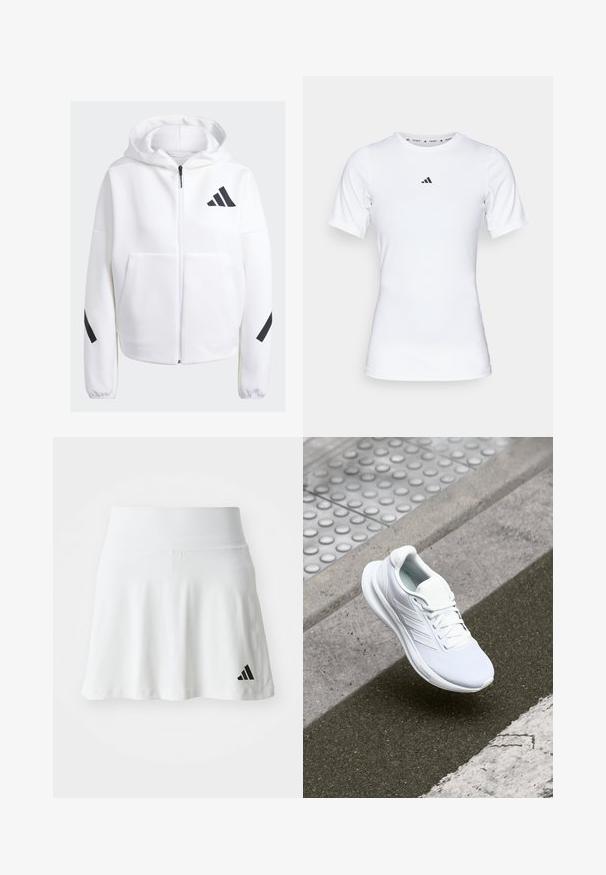 Biely zip-up sveter s čiernymi akcentmi, veľkými prednými vreckami, mäkkou textúrovanou tkaninou a voľným strihom. Obsahuje kapucňu a logom značky na prsiach.; Biela športová tričko s krátkymi rukávmi, vyrobené z hladkej, elastickej tkaniny. Obsahuje malé čierne logo Adidas na hrudi.; Biely športový sukňa s jemnou textúrou, rozšíreným strihom a čiernym logom Adidas na dolnej ľavej strane. Hladký, elastický pás.; Biele športové topánky s vrchnou časťou z sieťoviny, šnurovacia konštrukcia a textúrovaná podrážka. Zosilnené značkovanie a čisté detaily konštrukcie sú viditeľné.