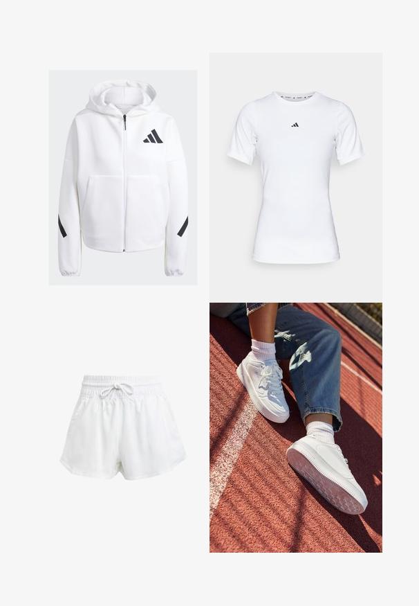 Weißer Reißverschluss-Hoodie mit schwarzen Akzenten, großen Fronttaschen, weichem Textilgewebe und lockerer Passform. Mit Kapuze und Markenlogo auf der Brust.; Weißes Sportshirt mit kurzen Ärmeln, aus glattem, dehnbarem Stoff. Mit kleinem schwarzem Adidas-Logo auf der Brust.; Weiße Sportschorts mit elastischem Bund und einstellbarem Kordelzug. Hergestellt aus leichtem Material, mit seitlichen Taschen und lockerer Passform.; Weiße Ledersneaker mit perforierter Zehenpartie, flachen Schnürsenkeln und Gummisohle. Getragen mit weißen Socken und hellblauen Jeans, auf einer roten Laufbahn.