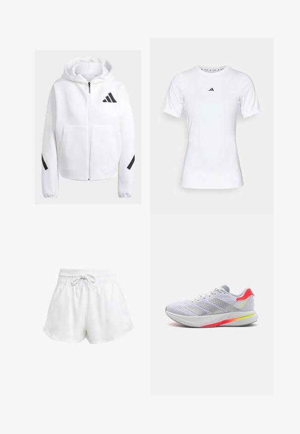 Baltas užtrauktukas su juodais akcentais, didelėmis priekinių kišenėmis, minkšta tekstūruota medžiaga ir atsipalaidavęs fasonas. Turi kapučioną ir prekės ženklą ant krūtinės.; Balta sportinė maikutė trumpomis rankovėmis, pagaminta iš lygaus, elastingo audinio. Ant krūtinės yra mažas juodas Adidas logotipas.; Baltos sportinės šortai su elastinga juostos juosta ir reguliuojama raišteliu. Pagaminti iš lengvo audinio, turi šonines kišenes ir laisvą siluetą.; Baltas sportinis batas su tinkliniais jaučiais, pilkomis akcentais, atspindinčiomis juostelėmis ir ryškiai oranžinės-geltonos spalvos gradientiniu padu. Batas turi paminkštintą vidinį padą.