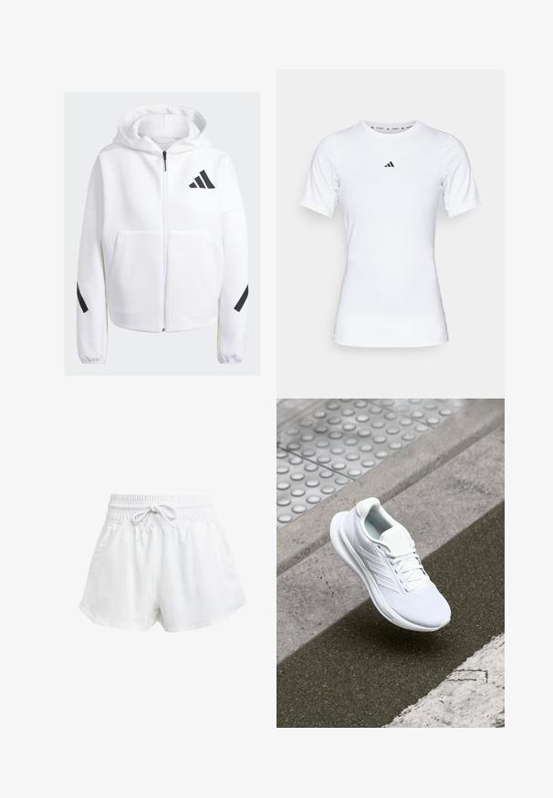Haut de sweatshirt zippé blanc avec des accents noirs, grandes poches avant, tissu doux et texturé, et coupe décontractée. Comprend une capuche et un logo de la marque sur la poitrine.; T-shirt de sport blanc à manches courtes, fabriqué en tissu lisse et extensible. Doté d'un petit logo noir Adidas sur la poitrine.; Shorts de sport blancs avec une taille élastique et un cordon de serrage réglable. Fabriqués en matériau léger, ils sont dotés de poches latérales et d'une coupe ample.; Baskets blanches de sport avec une tige en maille, un design à lacets et une semelle texturée. Marquage subtil et détails de construction sans coutures visibles.