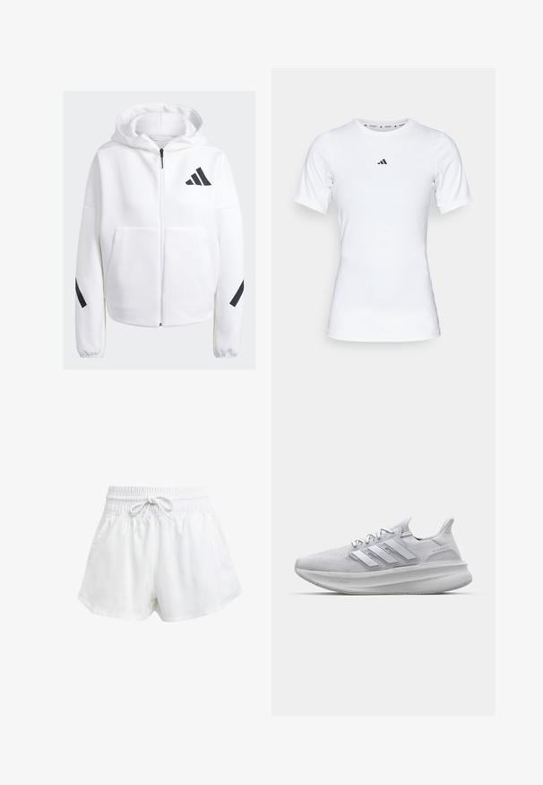 Haut de sweatshirt zippé blanc avec des accents noirs, grandes poches avant, tissu doux et texturé, et coupe décontractée. Comprend une capuche et un logo de la marque sur la poitrine.; T-shirt de sport blanc à manches courtes, fabriqué en tissu lisse et extensible. Doté d'un petit logo noir Adidas sur la poitrine.; Shorts de sport blancs avec une taille élastique et un cordon de serrage réglable. Fabriqués en matériau léger, ils sont dotés de poches latérales et d'une coupe ample.; Baskets blanches avec une tige en maille texturée, des rayures latérales tridimensionnelles et une semelle épaisse marquée 'LIGHT BOOST'.