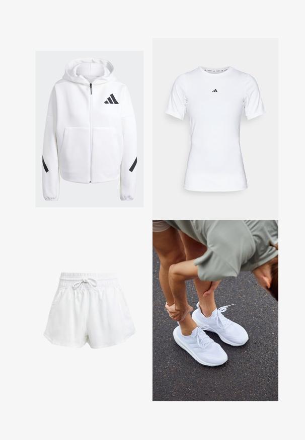 Sudadera blanca con cremallera y detalles en negro, grandes bolsillos frontales, tejido suave y texturizado, y un corte relajado. Presenta una capucha y el logotipo de la marca en el pecho.; Camiseta deportiva blanca de manga corta, hecha de una tela suave y elástica. Presenta un pequeño logo negro de Adidas en el pecho.; Pantalones cortos deportivos blancos con cintura elástica y cordón ajustable. Hechos de material ligero, cuentan con bolsillos laterales y un corte holgado.; Zapatillas deportivas blancas con paneles de malla y suelas texturizadas, con cordones y un diseño acolchado, colocadas sobre una superficie de asfalto.