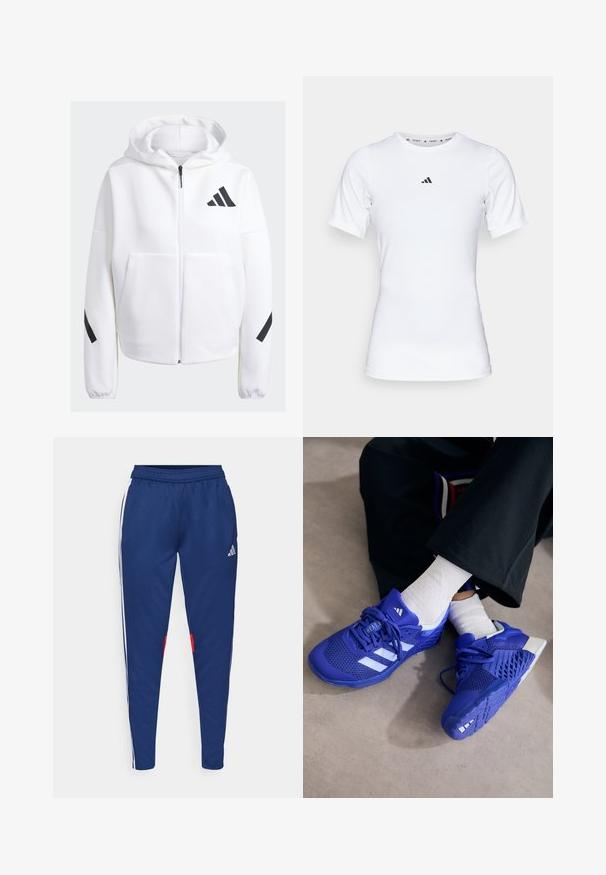 Fehér, cipzáros kapucnis pulóver fekete részletekkel, nagy elülső zsebekkel, puha textúrájú anyagból és laza szabással. Kapucnival rendelkezik, és a mellkasán található a márka logója.; Fehér sportpóló, rövid ujjú, sima, rugalmas anyagból készült. Kicsi fekete Adidas logó található a mellkasán.; Tengerészhaditejű nadrág fehér oldalsávokkal, elasztikus derékpánttal és piros díszítéssel a szegély közelében. Simább, könnyű anyagból készült.; Királykék sportcipők fehér részletekkel; hálós felsőrész, texturált oldalak, vastag gumi talp és részletes fűzési rendszer.