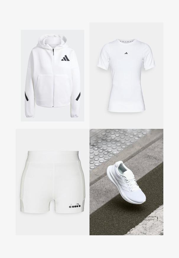Haut de sweatshirt zippé blanc avec des accents noirs, grandes poches avant, tissu doux et texturé, et coupe décontractée. Comprend une capuche et un logo de la marque sur la poitrine.; T-shirt de sport blanc à manches courtes, fabriqué en tissu lisse et extensible. Doté d'un petit logo noir Adidas sur la poitrine.; Shorts de sport blancs au design ajusté, fabriqués en tissu lisse, avec un détail de logo noir sur le côté inférieur gauche.; Baskets blanches de sport avec une tige en maille, un design à lacets et une semelle texturée. Marquage subtil et détails de construction sans coutures visibles.