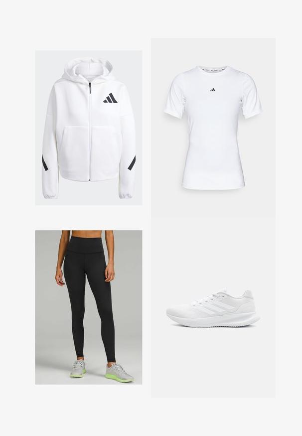 Biely zip-up sveter s čiernymi akcentmi, veľkými prednými vreckami, mäkkou textúrovanou tkaninou a voľným strihom. Obsahuje kapucňu a logom značky na prsiach.; Biela športová tričko s krátkymi rukávmi, vyrobené z hladkej, elastickej tkaniny. Obsahuje malé čierne logo Adidas na hrudi.; Čierne legíny s vysokým pásom vyrobené z elastického materiálu, s hladkým povrchom a priliehavým strihom. Nosia sa s svetlošedými športovými topánkami.; Biele atletické topánky vyrobené z textilného materiálu s hladkým dizajnom, okrúhlou špičkou, vystuženou pätou a tromi prúžkami na vonkajšej strane.
