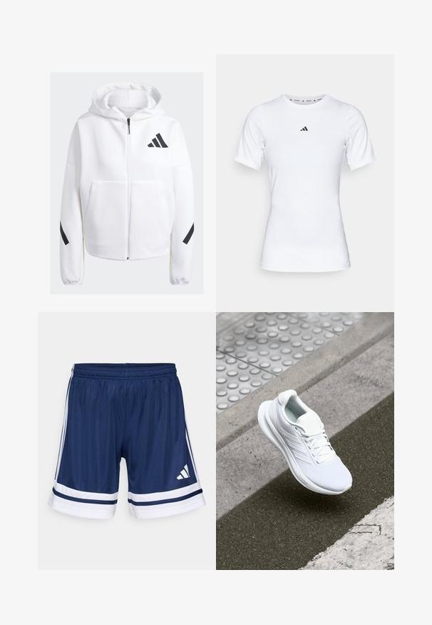 Baltas užtrauktukas su juodais akcentais, didelėmis priekinių kišenėmis, minkšta tekstūruota medžiaga ir atsipalaidavęs fasonas. Turi kapučioną ir prekės ženklą ant krūtinės.; Balta sportinė maikutė trumpomis rankovėmis, pagaminta iš lygaus, elastingo audinio. Ant krūtinės yra mažas juodas Adidas logotipas.; Tamsiai mėlynos sportinės šortai, pagaminti iš lengvos medžiagos, su baltais akcentais ir trimis baltais dryžiais šonuose. Reguliuojama elastinga juosta.; Baltas sportinis batelis su tinklinio audiniu, raišteliais ir tekstūruotu padu. Diskretiška prekės ženklų simbolika ir be siūlių konstrukcijos detalės matomos.