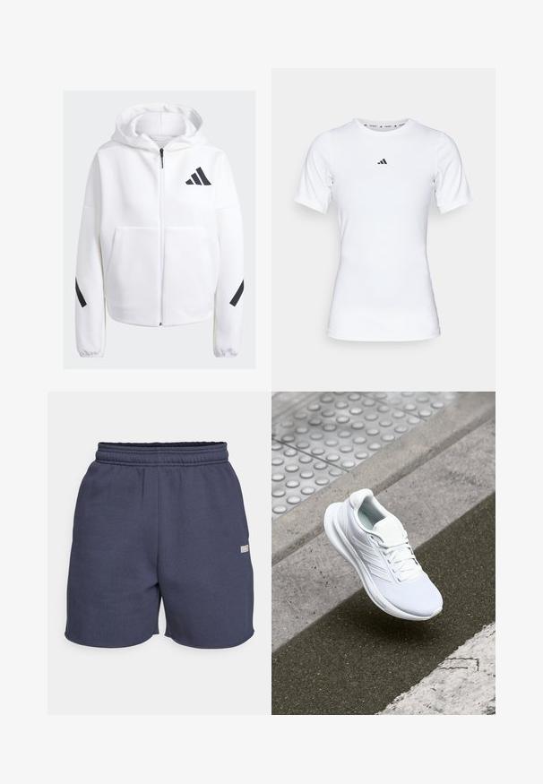 Baltas užtrauktukas su juodais akcentais, didelėmis priekinių kišenėmis, minkšta tekstūruota medžiaga ir atsipalaidavęs fasonas. Turi kapučioną ir prekės ženklą ant krūtinės.; Balta sportinė maikutė trumpomis rankovėmis, pagaminta iš lygaus, elastingo audinio. Ant krūtinės yra mažas juodas Adidas logotipas.; Tamsiai mėlynos, elastinga juosta priglundančios šortai, pagaminti iš minkštos medžiagos su lygiu paviršiumi, su nedideliu logotipo ženkleliu šone.; Baltas sportinis batelis su tinklinio audiniu, raišteliais ir tekstūruotu padu. Diskretiška prekės ženklų simbolika ir be siūlių konstrukcijos detalės matomos.
