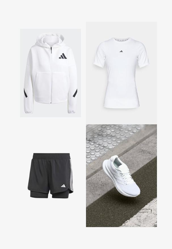Biely zip-up sveter s čiernymi akcentmi, veľkými prednými vreckami, mäkkou textúrovanou tkaninou a voľným strihom. Obsahuje kapucňu a logom značky na prsiach.; Biela športová tričko s krátkymi rukávmi, vyrobené z hladkej, elastickej tkaniny. Obsahuje malé čierne logo Adidas na hrudi.; Čierne atletické šortky s vnútornou vrstvou, elastickým pásom a bielymi tromi prúžkami na stranách, s malým bielym logom. Hladká textúra.; Biele športové topánky s vrchnou časťou z sieťoviny, šnurovacia konštrukcia a textúrovaná podrážka. Zosilnené značkovanie a čisté detaily konštrukcie sú viditeľné.