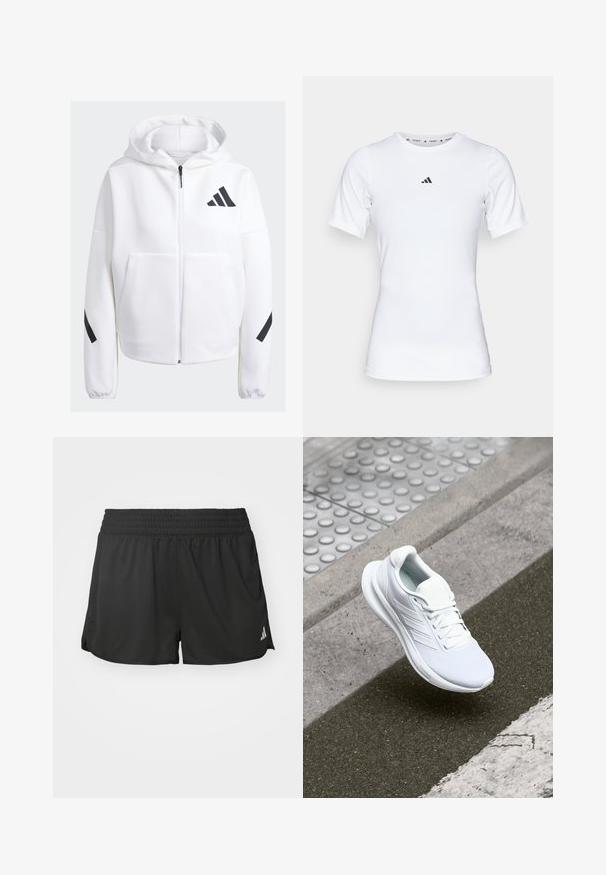 Valge tõmblukuga kapuutsiga sviiter mustade detailidega, suured ees taskud, pehme tekstuuriga kangas ja mugav lõike. Omab kapuutsi ja brändi logo rinnal.; Valge lühikeste varrukatega sportlik särk, mis on valmistatud siledast ja venivast kangast. Rinnal on väike must Adidas'i logo.; Mustad mustreeninguga mustad sportlikud lühikesed püksid, elastse vöökohaga, külgmiste lõikeaukudega ja väikese valge logosildiga alumises paremas nurgas. Valmistatud kergest ja siledast kangast.; Valge sportlik king, millel on pehme võrkkangast pealis, nööriga kinnitus ja tekstureeritud tallad. Õrnad brändimistooted ja sujuvad konstruktsioonid on nähtavad.