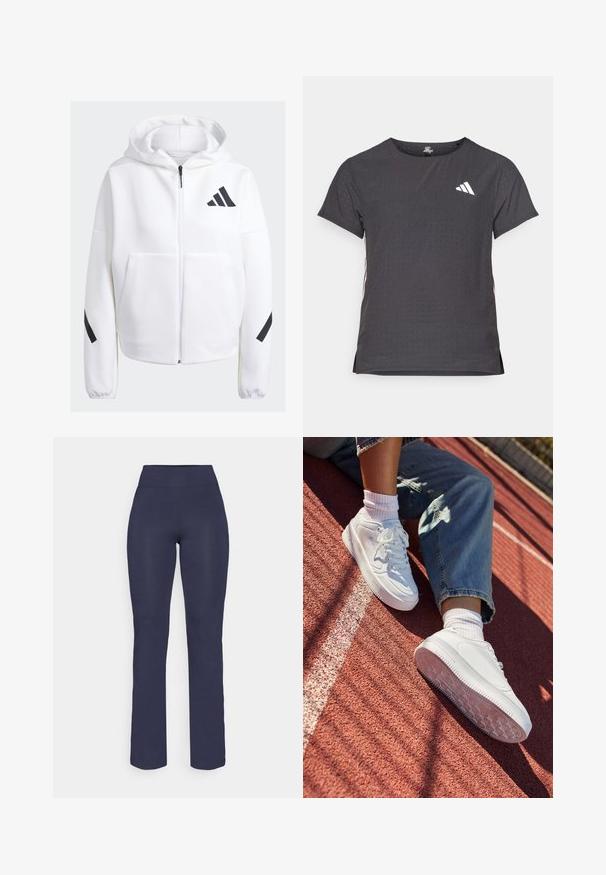 Bijela zip-jakna s crnim detaljima, velikim prednjim džepovima, mekanim teksturiranim materijalom i opuštenim krojem. Sadrži kapuljaču i logo brenda na prsima.; Majica kratkih rukava za sport, tamno siva s perforiranim uzorkom. Ima bijeli logo i kontrastne bočne pruge. Zaobljeni izrez.; Tamno plave, uske tajice za jogu s visokim strukom i ravnim nogavicama izrađenima od glatkog, rastezljivog materijala. Nema vidljivih uzoraka ili ukrasa.; Bijele kožne tenisice s perforiranim prstima, ravnim vezicama i gumiranim potplatom. Nosi se s bijelim čarapama i svijetloplavim trapericama, na crvenoj atletskoj stazi.