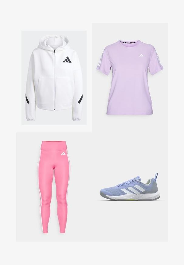 White zip-up hoodie with black accents, large front pockets, soft textured fabric, and a relaxed fit. Features a hood and brand logo on chest.; Lilac short-sleeve athletic shirt made of breathable fabric, featuring a round neckline, textured surface, and three white stripes on the shoulders.; Pink leggings with a high waistband, made of stretchy material, featuring white side stripes and a white logo on the upper thigh.; Purple athletic shoe with mesh upper, white three-stripe design, grey heel, light green accent, and textured sole for grip.