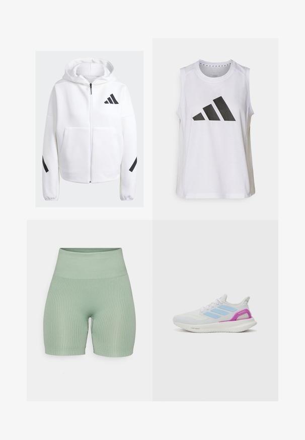Fleece branca com fecho e preto, grandes bolsos frontais, tecido suave e texturizado, e um corte relaxado. Apresenta um capuz e o logótipo da marca no peito.; Top atlético branco sem mangas com decote redondo, apresentando um grande logótipo preto da Adidas composto por três riscas na frente.; Calções de bicicleta de risca verde claro com uma cintura alta, apresentando um acabamento texturizado e um design ajustado adequado para vestuário ativo.; adidas Performance PUREBOOST 5 - Sapatos para corrida em estrada - white/glow blue/purple burst