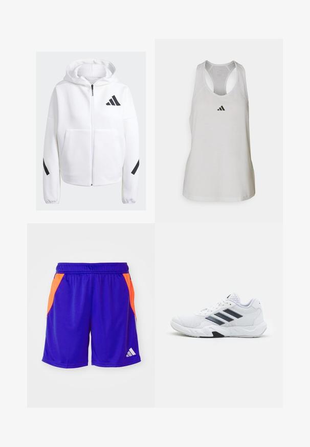 Biely zip-up sveter s čiernymi akcentmi, veľkými prednými vreckami, mäkkou textúrovanou tkaninou a voľným strihom. Obsahuje kapucňu a logom značky na prsiach.; Biely športový tielko vyrobené z ľahkej tkaniny, so športovým strihom a malým čiernym logom na hrudi.; Fialové športové šortky s jasne oranžovými bočnými panelmi, elastickým pásom a bielym logom. Materiál sa zdá byť ľahký a hladký.; Biele športové topánky s ventilovaným vrchom, tromi čiernymi pruhmi po stranách, textúrovanými akcentmi a pevným gumovým podošvom s kontrastnou čiernou časťou.