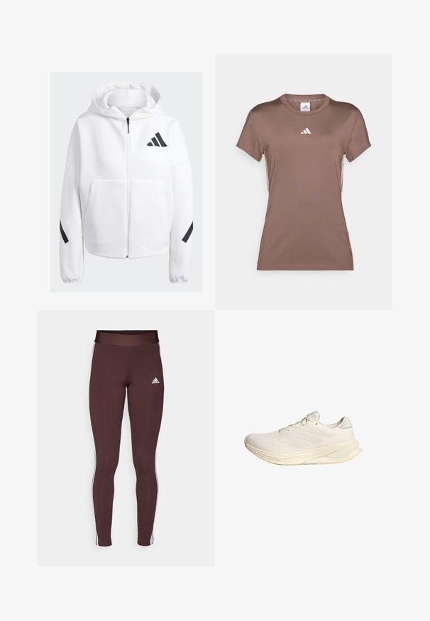 Λευκό φούτερ με φερμουάρ και μαύρες λεπτομέρειες, μεγάλες μπροστινές τσέπες, μαλακό υφασμάτινο υλικό και άνετη εφαρμογή. Διαθέτει κουκούλα και λογότυπο της μάρκας στο στήθος.; adidas Performance Αθλητικό μπλουζάκι - earth strata/white; adidas Sportswear 3 STRIPES - Κολάν - shadow brown; Φωτεινό μπεζ αθλητικό παπούτσι με επάνω μέρος από διχτυωτό ύφασμα, επίπεδες κορδόνες και μαλακή σόλα. Διαθέτει σχέδιο με τρεις ρίγες στη πλάγια πλευρά.
