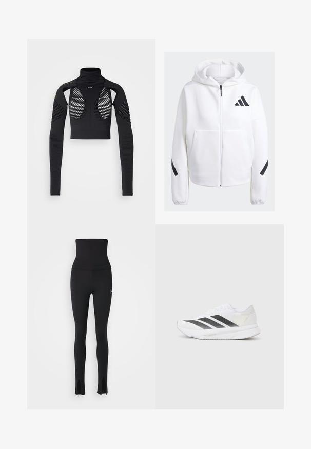 Weißer Reißverschluss-Hoodie mit schwarzen Akzenten, großen Fronttaschen, weichem Textilgewebe und lockerer Passform. Mit Kapuze und Markenlogo auf der Brust.; Schwarzes Langarm-Crop-Top mit hohem Kragen, das Netzpaneele und strukturierte Akzente an den Ärmeln aufweist, aus einem dehnbaren Stoff gefertigt.; adidas by Stella McCartney Tights - black; Weißer Sportschuh mit schwarzen diagonalen Streifen, Mesh-Obermaterial, abgerundetem Zehenbereich und strukturiertem Profil. Akzente sind ein silberner Heel und ein minimalistisches Design.